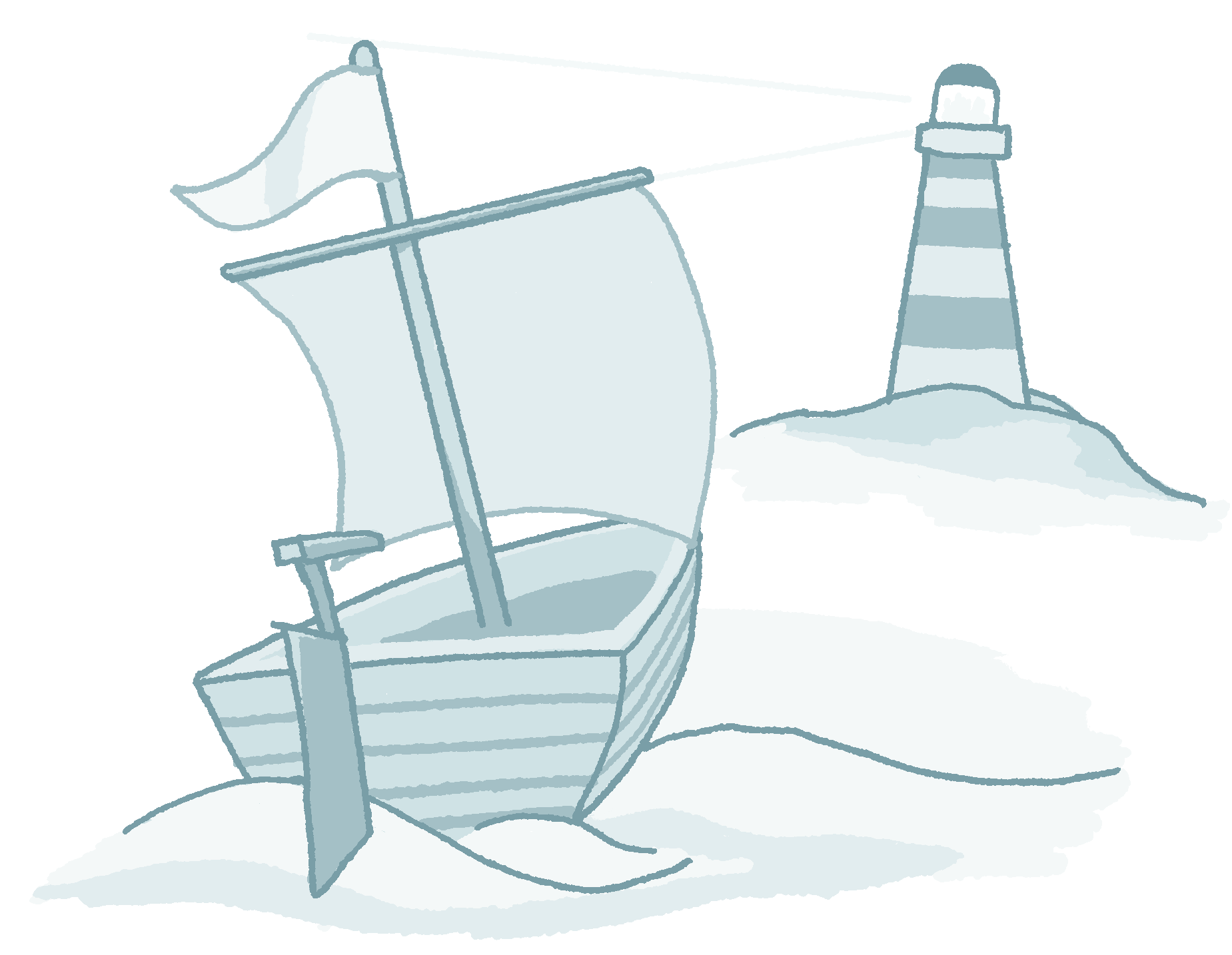 Ein Segelschiff fährt über raue See auf einen Leuchtturm zu.